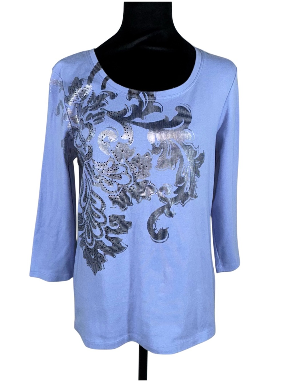 Zenergy By Chicos Knit 3/4 Sleeve Embellished Top Lilac Silver Size 1(M 8-10) - Picture 3 of 13